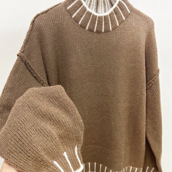 Khaki Casual Women's Oversized Drop Shoulder Long Sleeve Round Neck Sweater - Picture 3 of 5